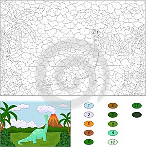 Funny cute diplodocus on the background of a prehistoric nature.