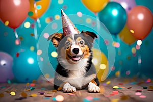 A funny cute dog wearing a party hat celebrating at a birthday party