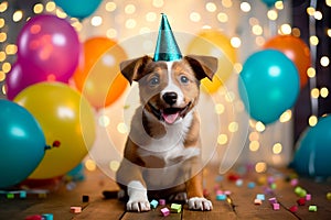 A funny cute dog wearing a party hat celebrating at a birthday party