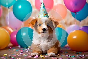 A funny cute dog wearing a party hat celebrating at a birthday party