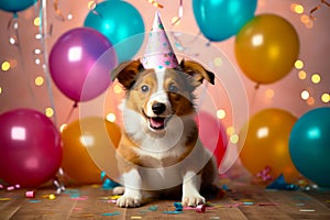 A funny cute dog wearing a party hat celebrating at a birthday party