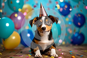 A funny cute dog wearing a party hat celebrating at a birthday party