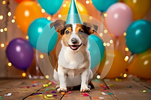 A funny cute dog wearing a party hat celebrating at a birthday party