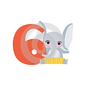 Funny cute elephant animal and number six, birthday anniversary, learn to count concept cartoon vector Illustration