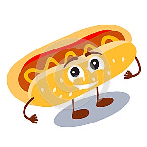 Funny, cute fast food hot dog with smiling human face isolated o