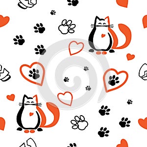 Funny cute seamless cartoon pattern with cats, hearts, cat paw prints and broken mugs on white background