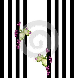 Funny cute frog illustration on black stripes. On white background