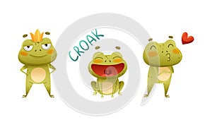 Funny cute frogs set. Lovely green amphibian animal character with funny face vector illustration
