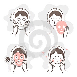 Funny cute Girl Take Care of her Face and Use Facial Sheet Mask. Woman Making Skincare Procedures. Skin Care Routine, Hygiene.
