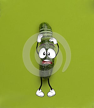 Funny cute green cucumber like little man standing isolated over green background. Drawn vegetable in a cartoon style