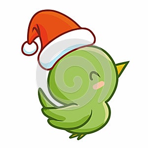 Funny and cute green little bird simling happily and wearing Santa`s hat for christmas