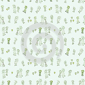 Funny and cute green seamless pattern with groups of odd looking people