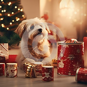 funny, cute hairy dog sits next to the Christmas gifts