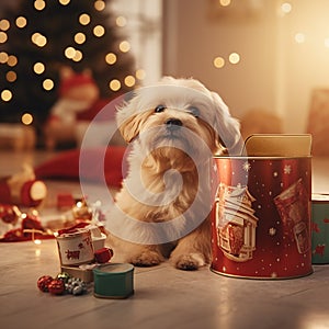 funny, cute hairy dog sits next to the Christmas gifts