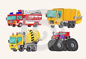 Funny cute hand drawn cartoon vehicles. Bright cartoon fire truck, fire engine, garbage truck, concrete mixer truck, and