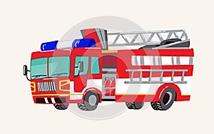 Funny cute hand drawn cartoon vehicles. Bright cartoon fire truck, fire engine, Vector illustration