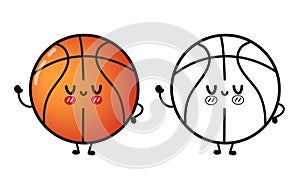 Funny cute happy basketball characters bundle set. Vector hand drawn cartoon kawaii character illustration icon. Cute