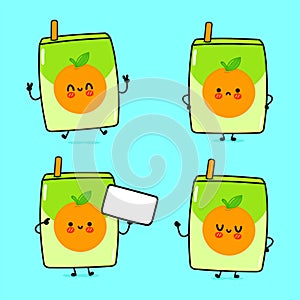 Funny cute happy orange juice characters bundle set. Vector kawaii line cartoon style illustration. Isolated on white