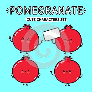 Funny cute happy pomegranate fruit characters bundle set. Vector hand drawn doodle style cartoon character illustration