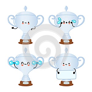 Funny cute happy silver trophy cup characters bundle set. Vector hand drawn doodle style cartoon character illustration