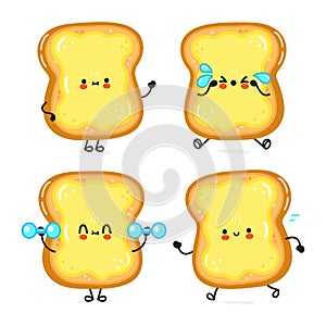 Funny cute happy sliced toast bread and butter characters bundle set. Vector hand drawn doodle style cartoon character