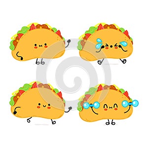 Funny cute happy taco characters bundle set. Vector hand drawn doodle style cartoon character illustration icon design