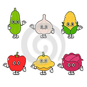 Funny cute happy vegetables characters bundle set. Vector hand drawn cartoon kawaii character illustration icon