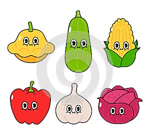 Funny cute happy vegetables characters bundle set. Vector hand drawn cartoon kawaii character illustration icon