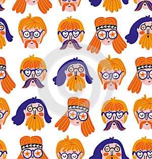 Funny cute hippies portraits. Vector  festival print. Seamless pattern design with hand drawn stylish faces