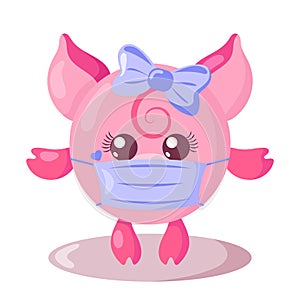 Funny cute kawaii pig with round body and protective medical face mask in flat design with shadows.