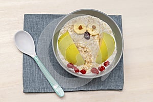 Funny cute kids childrens babys breakfast lunch oatmeal porridge in bowl look like owl decoration with apple, banana, dried berry