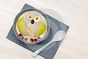Funny cute kids childrens babys breakfast lunch oatmeal porridge in bowl look like owl decoration with apple, banana, dried berry