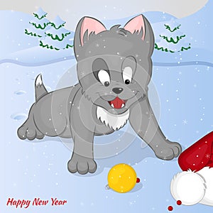 Funny and cute kitten found Santa Claus trail. Merry Christmas and Happy New year card. Christmas card in cartoon style