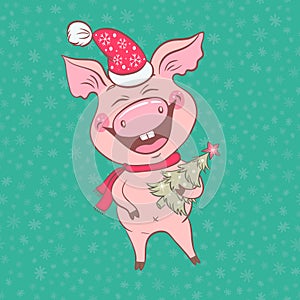 Funny cute laughing pig with Christmas deer horns on his head