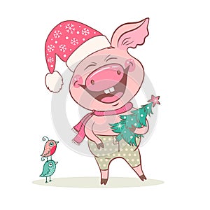 Funny cute laughing pig dressed in a hat with snowflakes