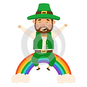 Funny and cute leprechaun with brown beard on the bright rainbow. Vector illistration for St. Patrick day. Man in