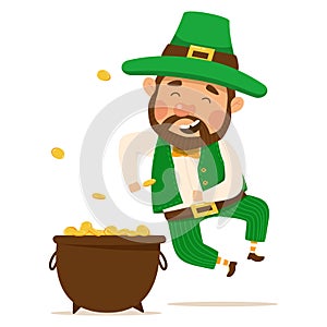 Funny and cute leprechaun with brown beard with a pot of gold. Vector illistration for St. Patrick\'s day. Happy man