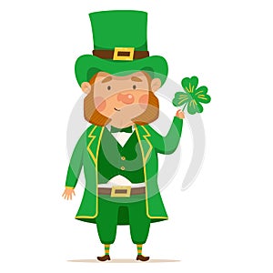 Funny and cute leprechaun with four leaf clover. Vector illistration for St. Patrick day. Man in a green suit and