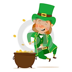 Funny and cute leprechaun with a pot of gold. Vector illistration for St. Patricks day. Happy man in a green suit