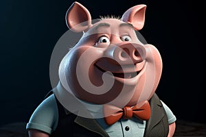 Funny cute little farm pig 3D cartoon character. Ai generated