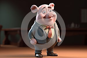 Funny cute little farm pig 3D cartoon character. Ai generated