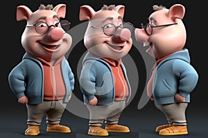 Funny cute little farm pig 3D cartoon character. Ai generated