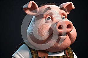 Funny cute little farm pig 3D cartoon character. Ai generated