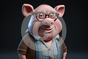 Funny cute little farm pig 3D cartoon character. Ai generated