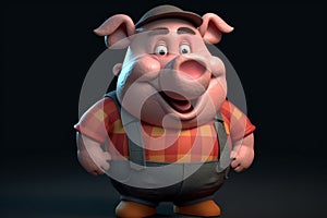 Funny cute little farm pig 3D cartoon character. Ai generated