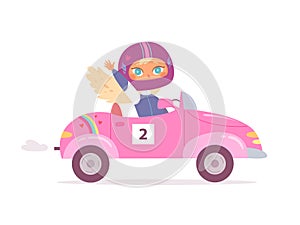 Funny cute little girl in safety helmet driving speed toy pink car and waving to fans
