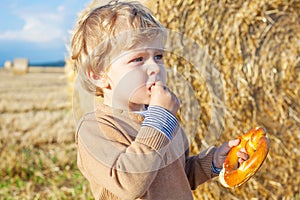 Funny cute little kid boy eating pretzel on late summer day on w