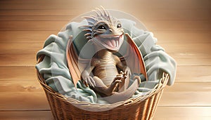 Funny cute little newborn dragon in baby cot