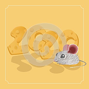 Funny, cute mouse symbol of 2020 year on the yellow background
