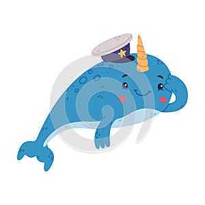Funny cute narwhal sailor. Sea mammal baby animal cartoon character vector illustration